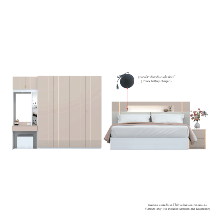 ชุดห้องนอน + ที่นอนสปริง 6 ฟุต WISDOM DESIGN FURNITURE รุ่น NOBLE สีขาว/กลอสซี่เบจ_5